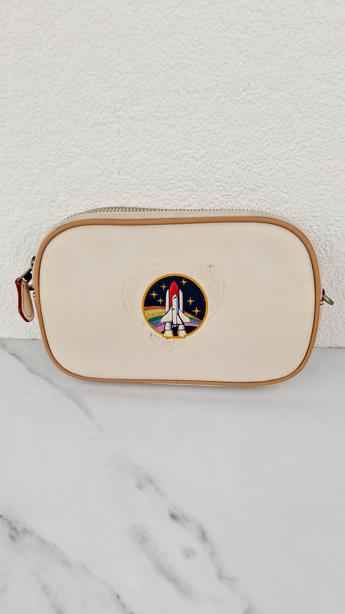 Coach Camera Bag with Nasa Space Rocket Patch in Chalk Smooth Leather Clutch