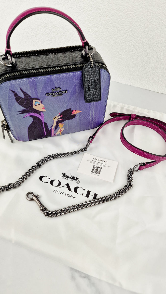 DISNEY x COACH LEATHER BAG Box Crossbody With Maleficent Motif Black Purple  RARE