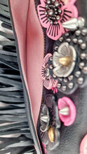 Load image into Gallery viewer, Coach 1941 Dinky With Wild Tea Roses & Fringe in Black & Pink - Crossbody Shoulder Bag Floral Flowers Tooled Leather Appliqué - Coach 86847