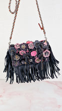 Load image into Gallery viewer, Coach 1941 Dinky With Wild Tea Roses & Fringe in Black & Pink - Crossbody Shoulder Bag Floral Flowers Tooled Leather Appliqué - Coach 86847