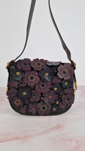 Load image into Gallery viewer, Coach 1941 Saddle 23 Bag in Black & Burgundy Tea Roses Appliqué Crossbody Shoulder Bag - Coach 38195