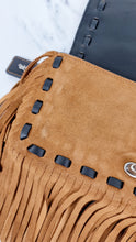 Load image into Gallery viewer, Coach 1941 Dinky in Light Saddle Tan Brown Cervo Suede with Fringe & Light Antique Nickel Concho Turnlock - Crossbody Bag Shoulder Bag - Coach 86821