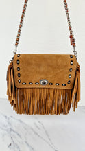 Load image into Gallery viewer, Coach 1941 Dinky in Light Saddle Tan Brown Cervo Suede with Fringe & Light Antique Nickel Concho Turnlock - Crossbody Bag Shoulder Bag - Coach 86821