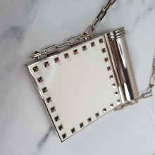 Load image into Gallery viewer, Valentino Garavani Rockstuds White Minaudiere Compact Mirror with Lipstick Holder on Chain Crossbody Purse