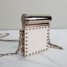 Load image into Gallery viewer, Valentino Garavani Rockstuds White Minaudiere Compact Mirror with Lipstick Holder on Chain Crossbody Purse