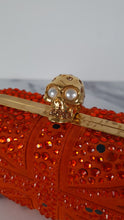 Load image into Gallery viewer, Alexander McQueen Britannia Skull Box Clutch in Orange Suede with Studs and Swarovski Crystals Style 208024 000926