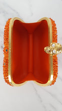 Load image into Gallery viewer, Alexander McQueen Britannia Skull Box Clutch in Orange Suede with Studs and Swarovski Crystals Style 208024 000926