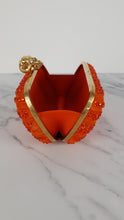 Load image into Gallery viewer, Alexander McQueen Britannia Skull Box Clutch in Orange Suede with Studs and Swarovski Crystals Style 208024 000926
