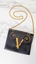 Load image into Gallery viewer, Versace Virtus Western Stud Flap Bag Clutch With Gold Chain in Black Smooth Leather - Crossbody Shoulder Bag
