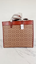 Load image into Gallery viewer, Field Tote 40 in Signature Canvas with Souvenir Patches and Pins Empire State Rexy - Tan Rust Saddle Brown Shoulder Bag Crossbody - Coach C0768