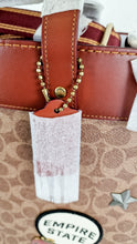 Load image into Gallery viewer, Field Tote 40 in Signature Canvas with Souvenir Patches and Pins Empire State Rexy - Tan Rust Saddle Brown Shoulder Bag Crossbody - Coach C0768