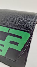 Load image into Gallery viewer, Prada Elektra Crossbody Bag in Black City Calfskin & Saffiano Leather with Green Racing Logo Prada 1BD121 Nero Verde