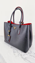 Load image into Gallery viewer, Large Medium Prada Double Tote Saffiano Cuir Black with Fiery Red Nappa Leather Lining Handbag