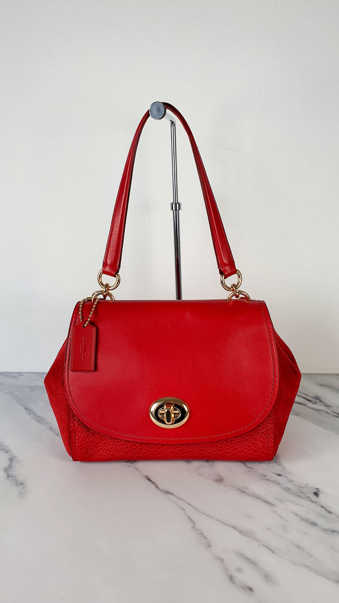 Coach Faye in Red Mixed Leather Suede Flap Bag Turnlock Tophandle Cr Essex Fashion House