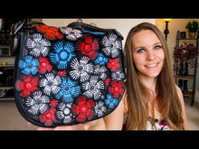 Load and play video in Gallery viewer, Coach 1941 Saddle 23 Bag in Black with Red, White & Blue Tea Roses Crossbody Shoulder Bag