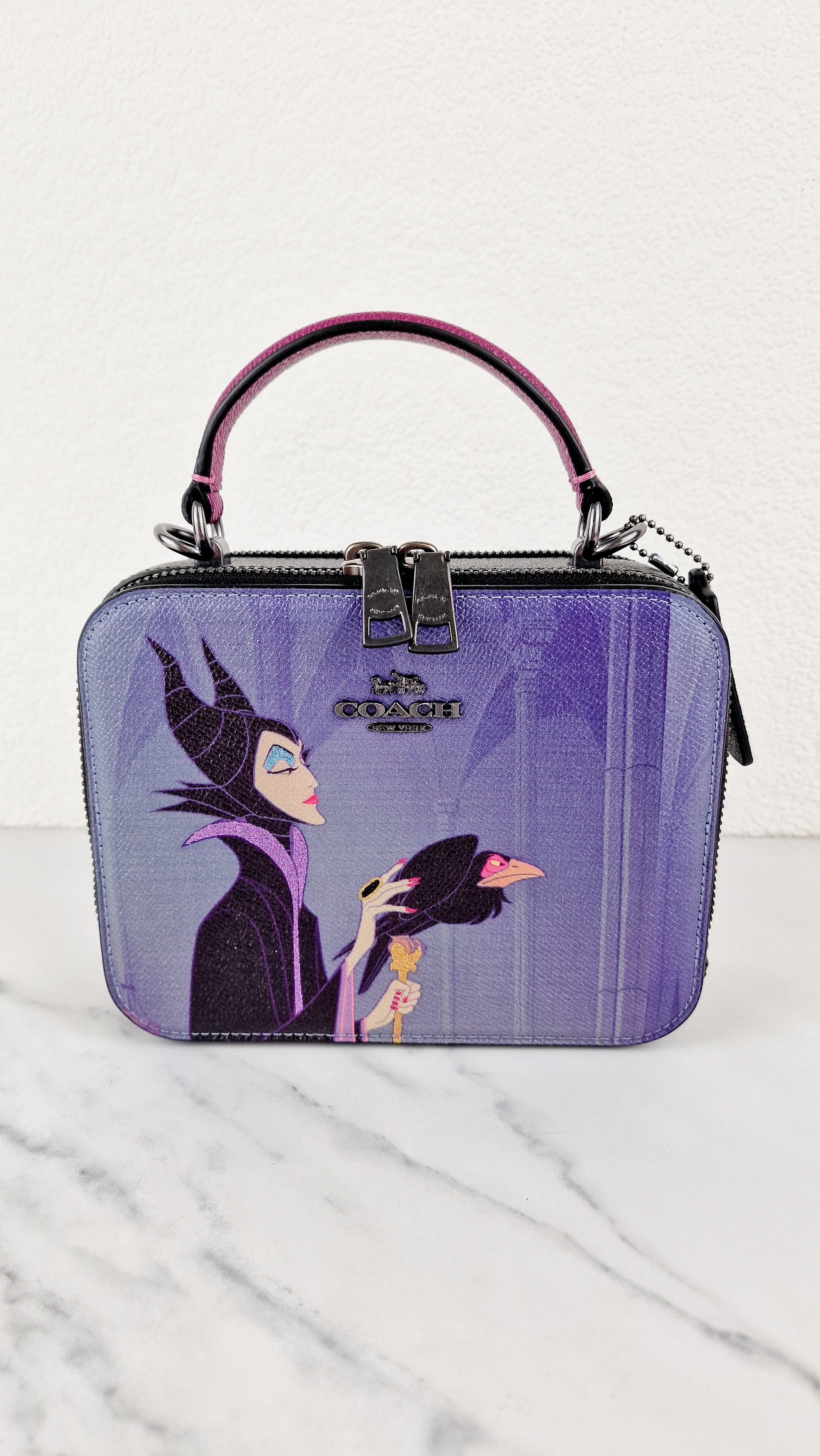 coach disney villains backpack Disney x Coach Box Crossbody With Maleficent Motif Lunchbox Bag Purple – Essex Fashion House
