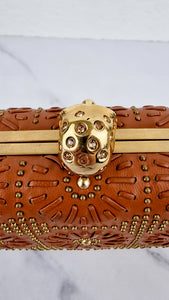 Alexander McQueen Skull Box Clutch Brown Leather Floral Boho Studded With Strap Crossbody