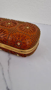 Alexander McQueen Skull Box Clutch Brown Leather Floral Boho Studded With Strap Crossbody