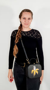 Coach x Jean-Michel Basquiat Square Bag with Banana artwork - Smooth Black Leather Crossbody Bag Handbag - Coach 6898