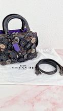Load image into Gallery viewer, Coach 1941 Rogue 25 Tea Rose Appliqué in Black Leather &amp; Purple Suede Handbag - Coach 21587
