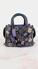 Load image into Gallery viewer, Coach 1941 Rogue 25 Tea Rose Appliqué in Black Leather &amp; Purple Suede Handbag - Coach 21587
