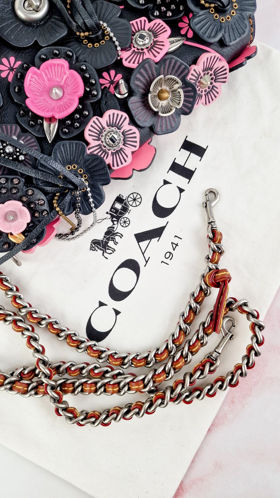 coach backpack with roses Coach 1941 Dinky With Wild Tea Roses & Fringe in Black & Pink