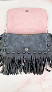 Coach 1941 Dinky With Wild Tea Roses & Fringe in Black & Pink - Crossbody Shoulder Bag Floral Flowers Tooled Leather Appliqué - Coach 86847