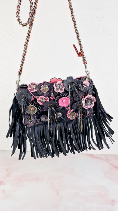Coach 1941 Dinky With Wild Tea Roses & Fringe in Black & Pink - Crossbody Shoulder Bag Floral Flowers Tooled Leather Appliqué - Coach 86847