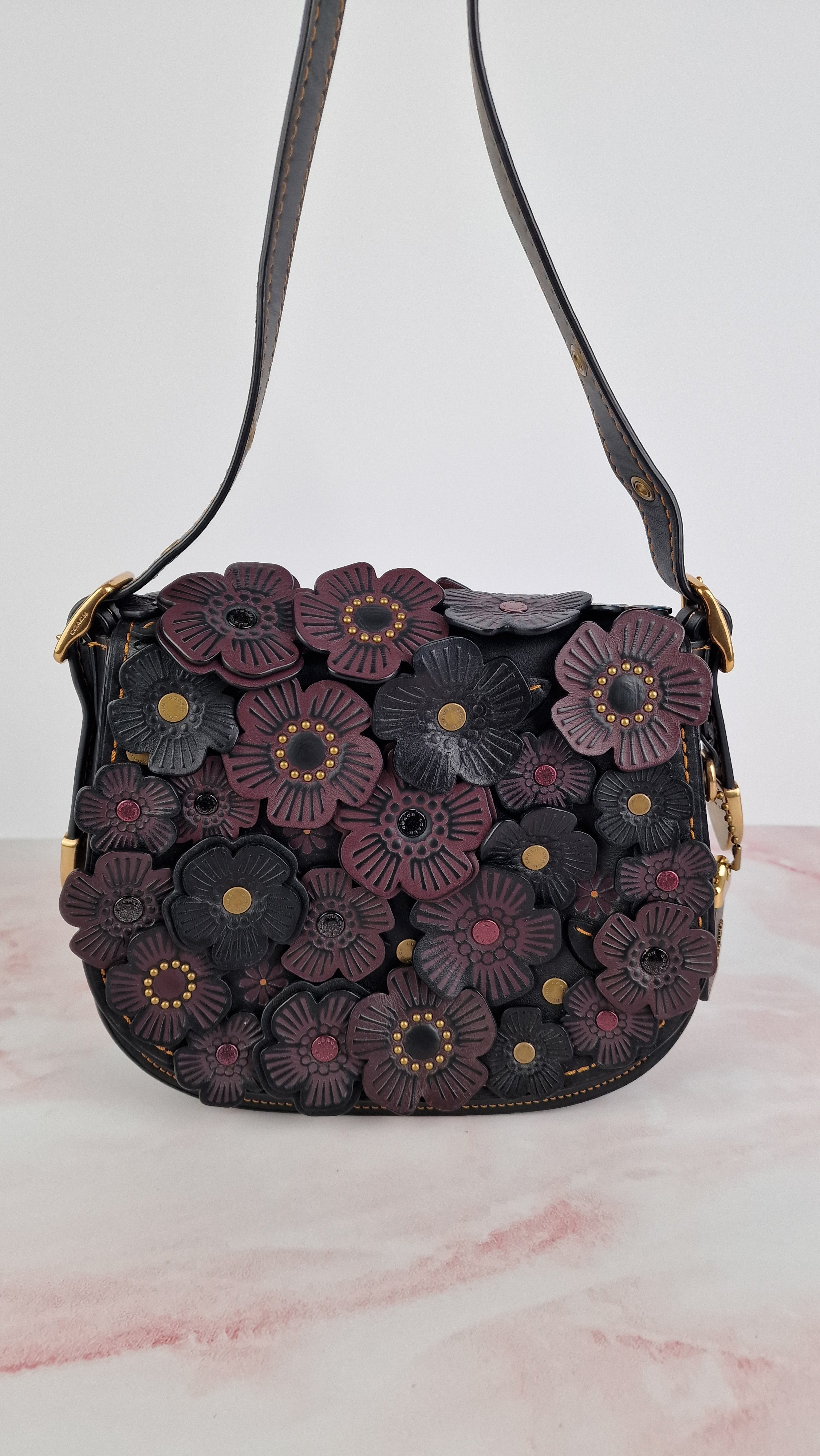 Coach 1941 Saddle 23 Bag in Black & Burgundy Tea Roses Appliqué Crossbody Shoulder Bag