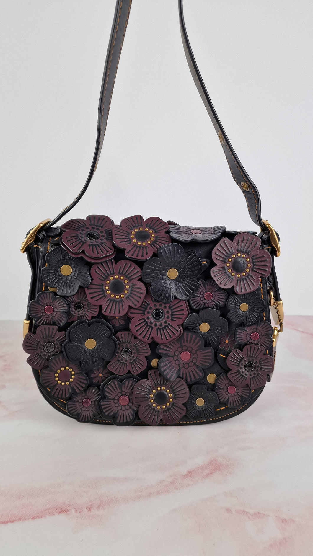 Coach 1941 Saddle 23 Bag in Black & Burgundy Tea Roses Appliqué Crossbody Shoulder Bag - Coach 38195