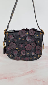 Coach 1941 Saddle 23 Bag in Black & Burgundy Tea Roses Appliqué Crossbody Shoulder Bag - Coach 38195