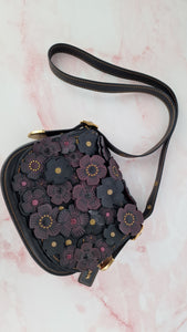 Coach 1941 Saddle 23 Bag in Black & Burgundy Tea Roses Appliqué Crossbody Shoulder Bag - Coach 38195