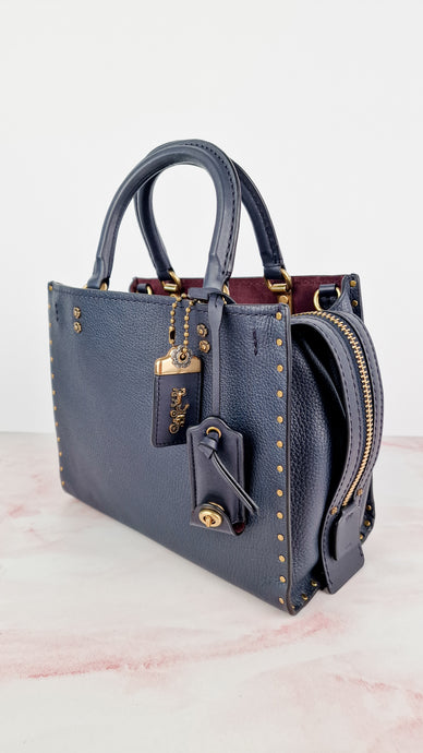 Coach 1941 Rogue 25 in Midnight Navy Blue with Border Rivets and Tea Rose Studs Shoulder Bag Handbag in Pebble Leather - Coach 30456