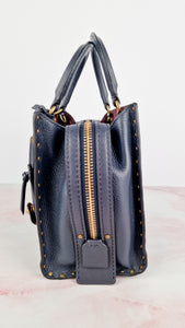 Coach 1941 Rogue 25 in Midnight Navy Blue with Border Rivets and Tea Rose Studs Shoulder Bag Handbag in Pebble Leather - Coach 30456