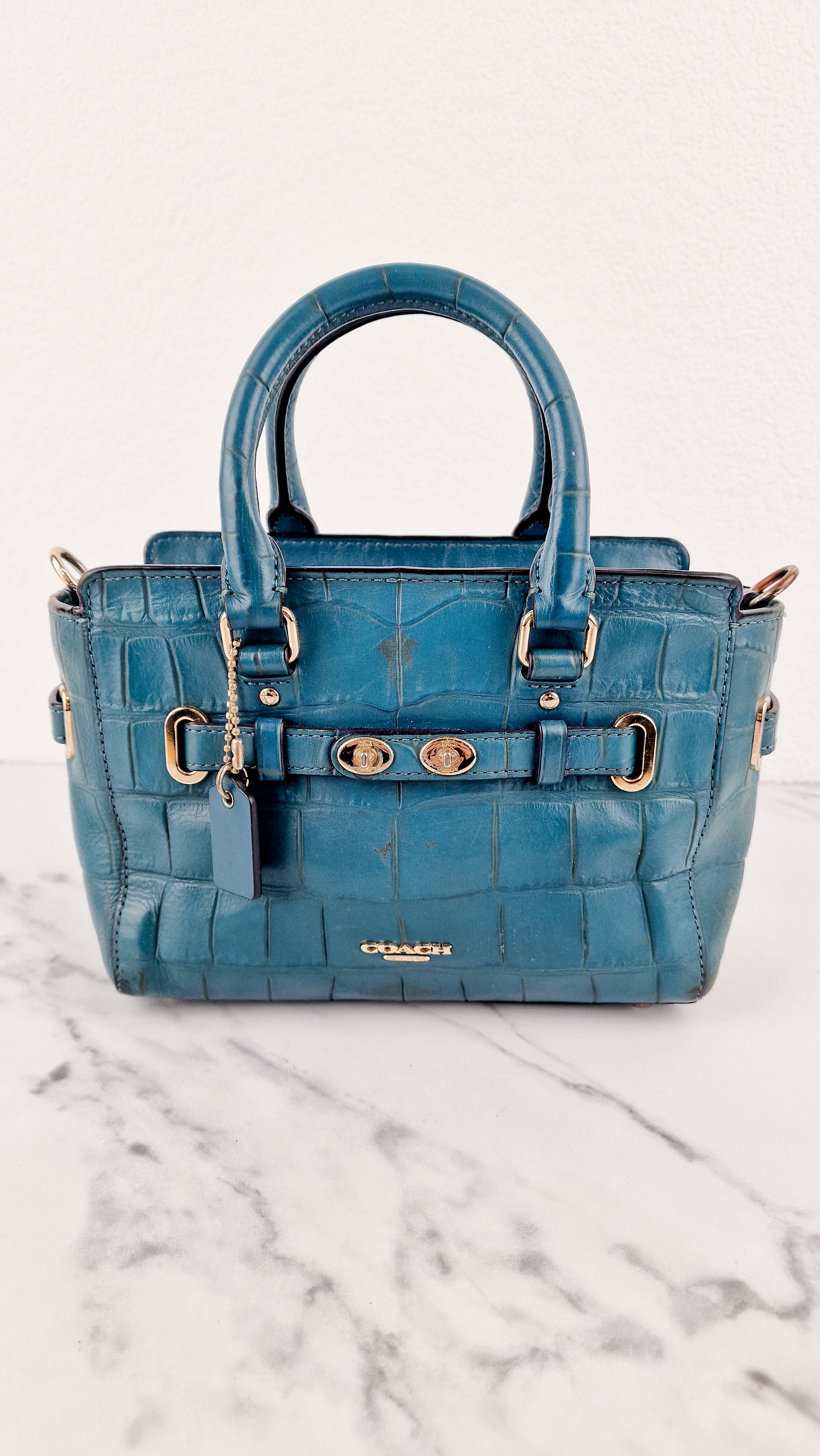 COACH authentic Avery Croc Embossed Peacock Blue Leather Satchel