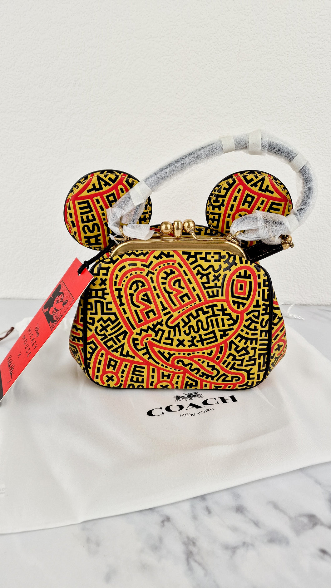 Coach 1941 Disney x Keith Haring Mickey Mouse Ears Kisslock Bag with Maze Artwork Red & Yellow Leather - Coach 7418