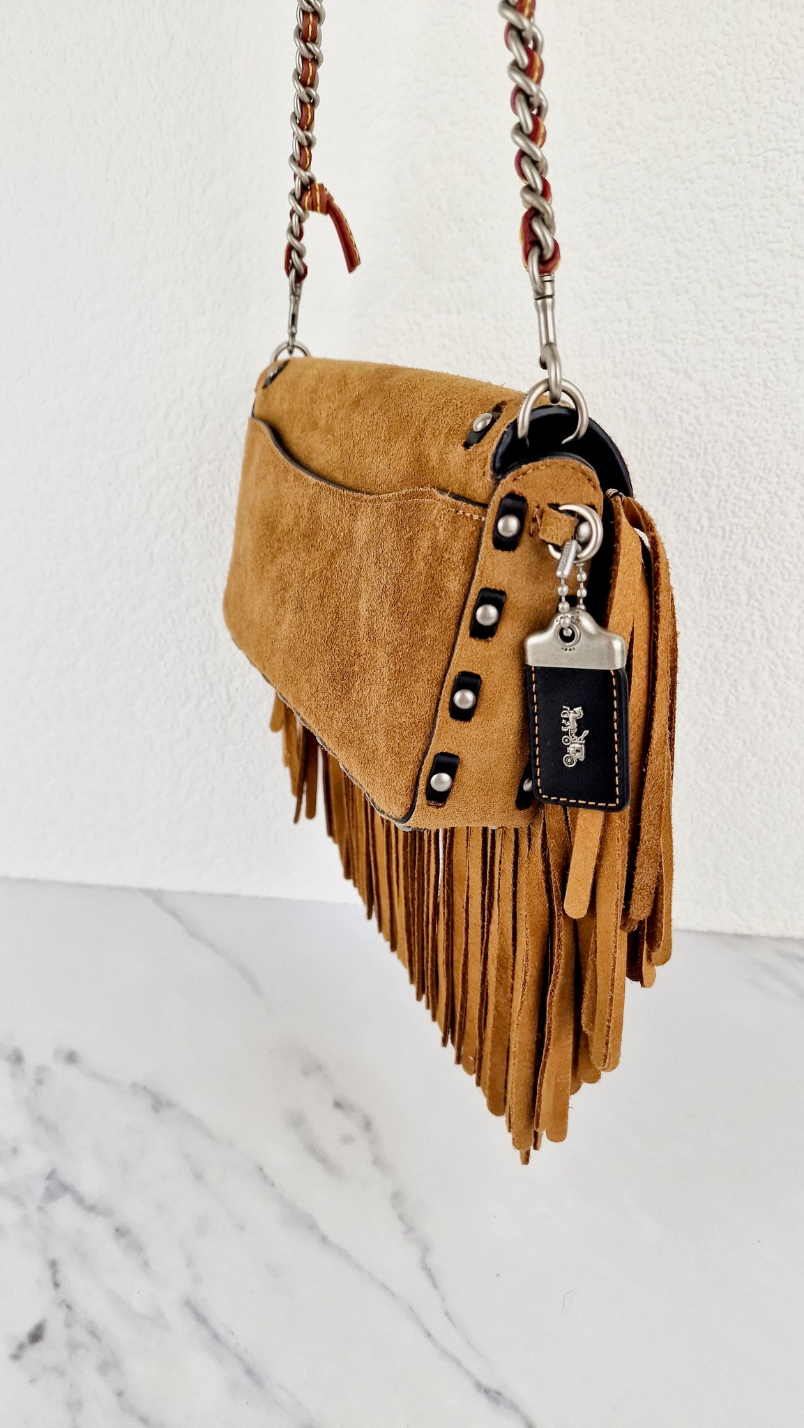 Coach 1941 Dinky in Light Saddle Tan Brown Cervo Suede with Fringe L Essex Fashion House