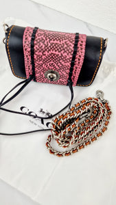 Coach 1941 Dinkier with Whipstitch Snake Trim in Black Smooth Leather With Pink Snakeskin - Crossbody Bag Clutch Mini Dinky - Coach 86819