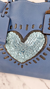 Coach 1941 Rogue 31 Keith Haring Leather Sequin Heart in Sky Blue - Shoulder Bag Satchel Handbag - Coach 28637