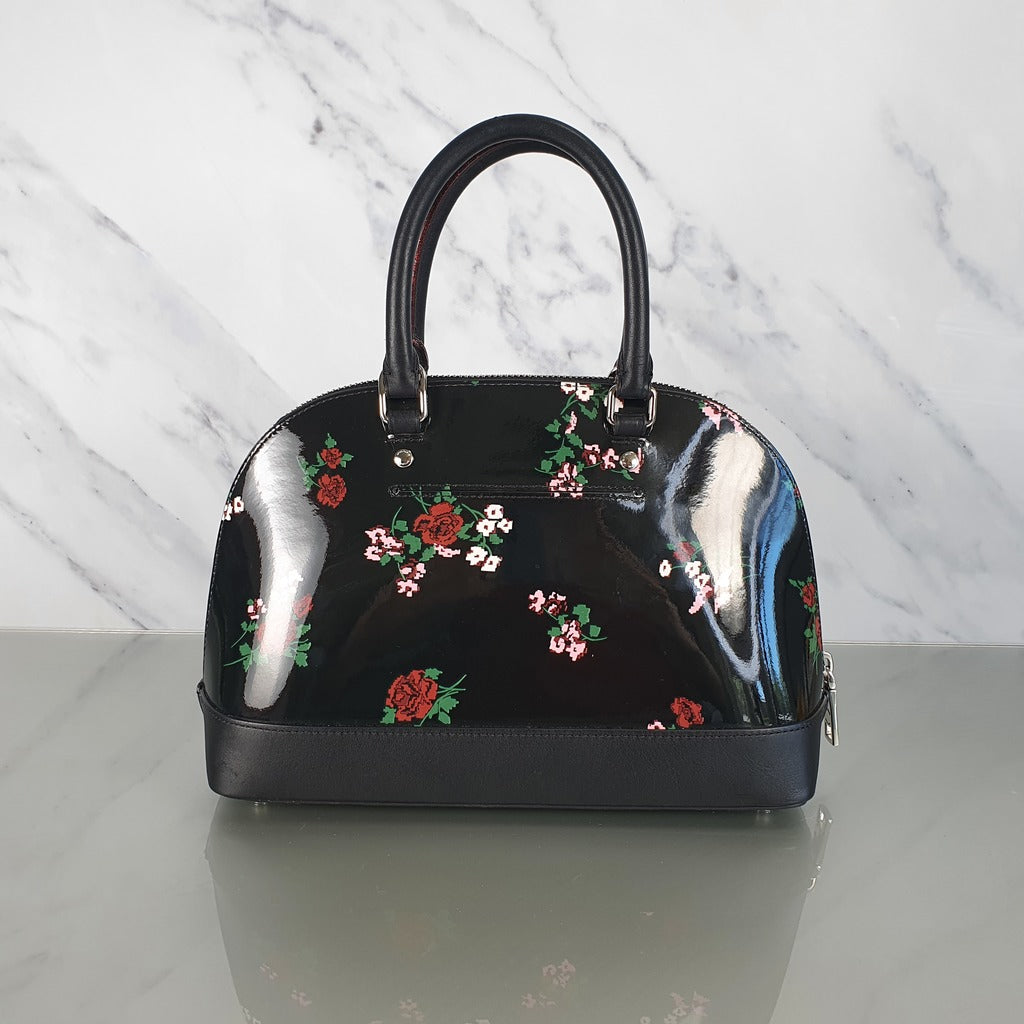 Coach Mini Sierra Satchel in Black Patent Leather with Floral