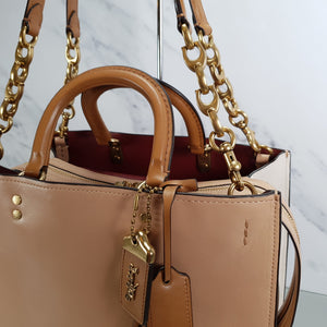 Coach 1941 Rogue 31 Smooth Calf Leather Colorblock beechwood chalk light saddle c chain strap 27055