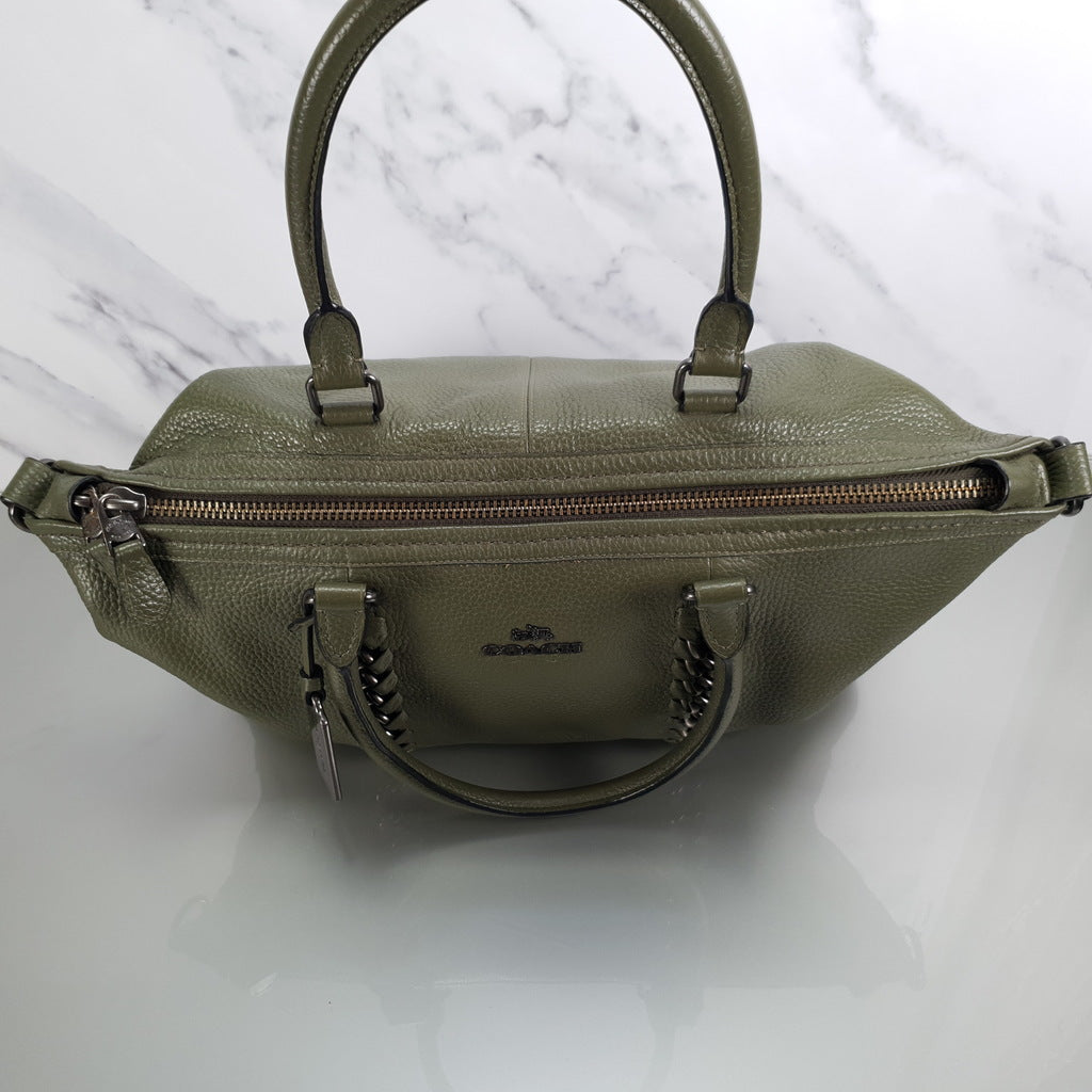 Coach Whiplash Army Green Pebble Leather Handbag With Chain Detail