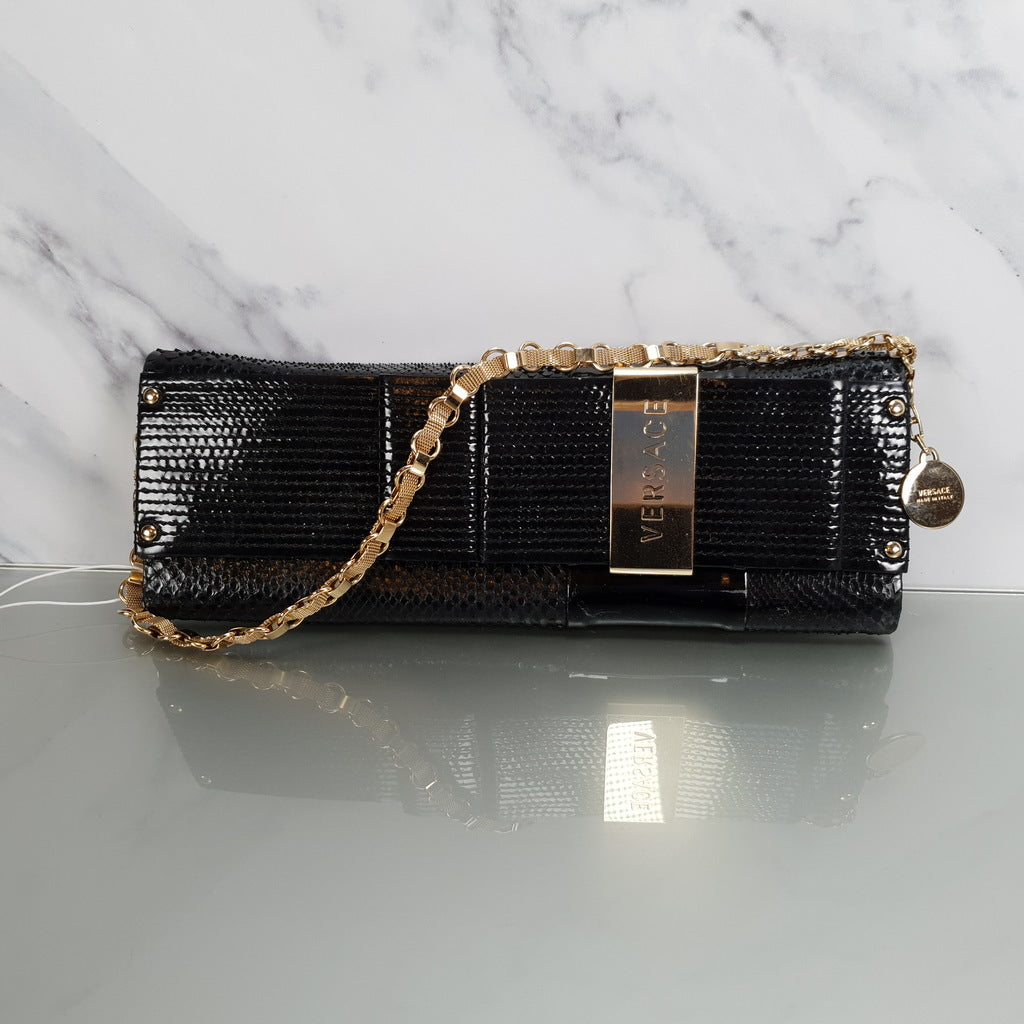 Versace Clutch Baguette in Black Patent Leather & Snakeskin
