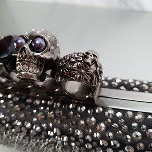 Alexander McQueen  226177 000926 Knuckle Box Clutch Skull Crystal Embellished Satin Silk Black