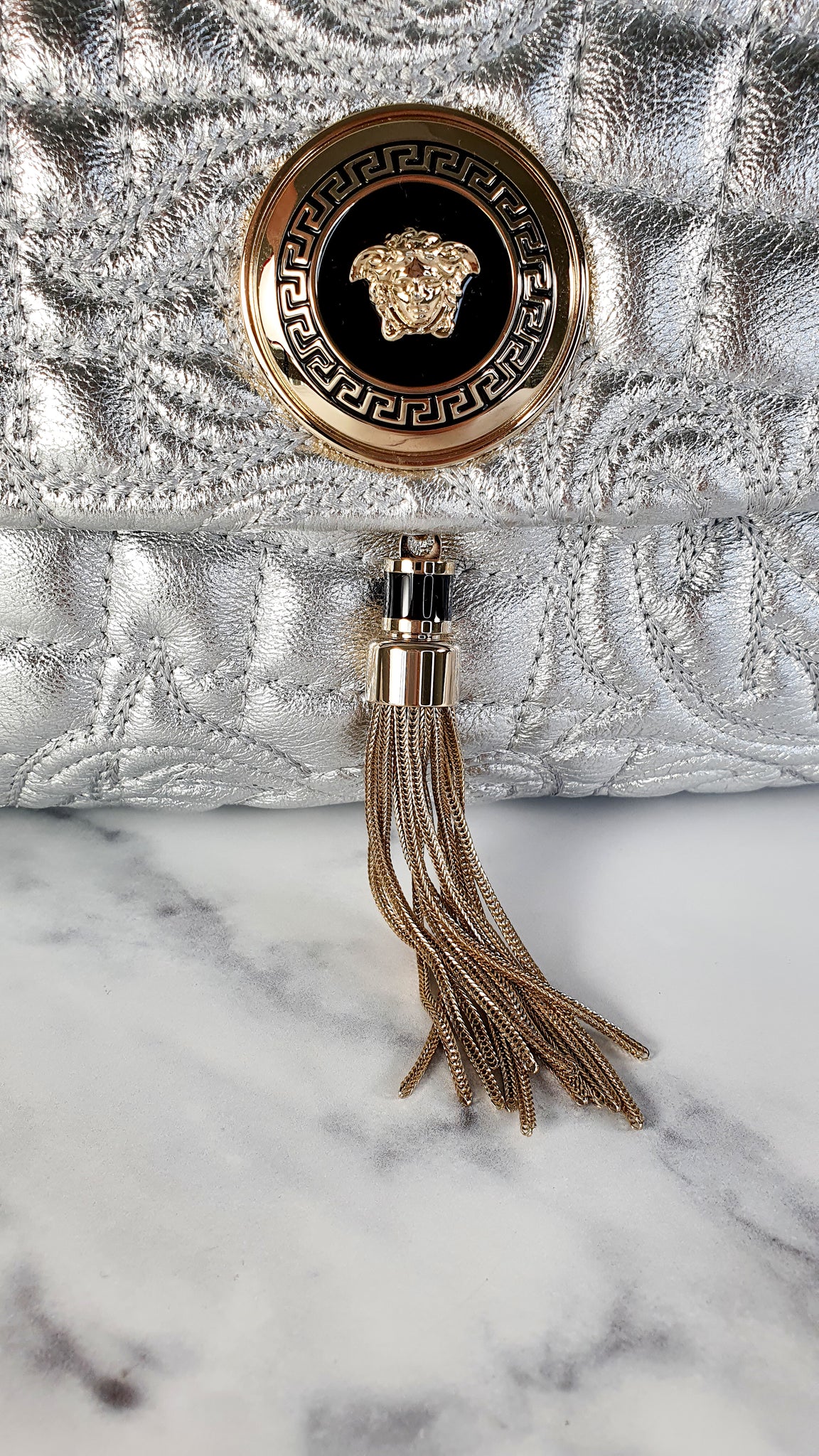 Versace Vanitas Medea Baroque Quilted Silver Shoulder Bag with Medusa –  Essex Fashion House