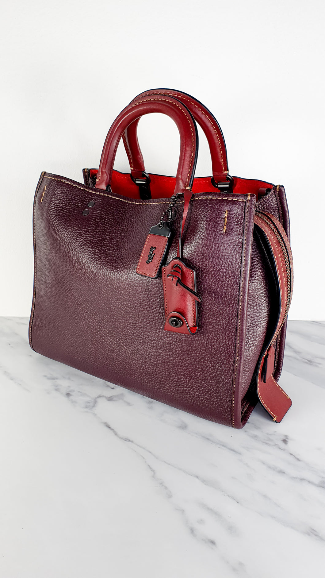 Coach 1941 Rogue 31 in Oxblood Pebble Leather with Red Suede Lining Satchel Handbag - Coach 38124