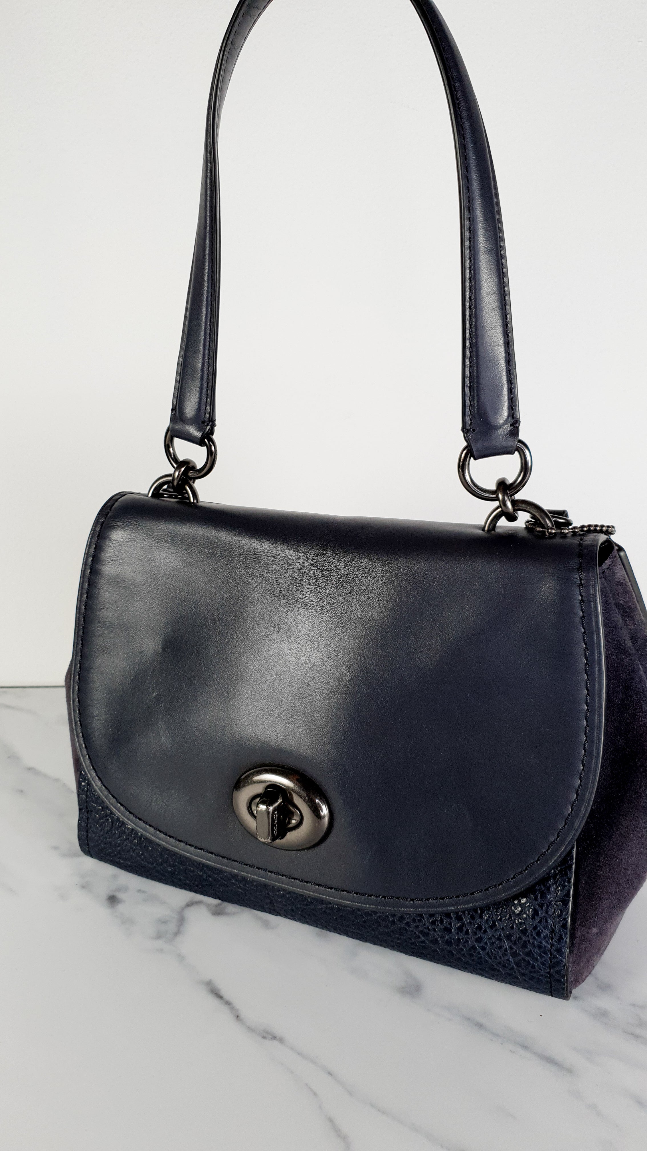 Coach Faye in Dark Blue Navy Mixed Leather Suede Flap Bag