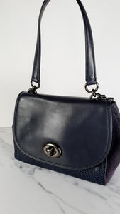 Coach Faye in Dark Blue Navy Mixed Leather & Suede Flap Bag Turnlock Tophandle Crossbody - Coach F22348