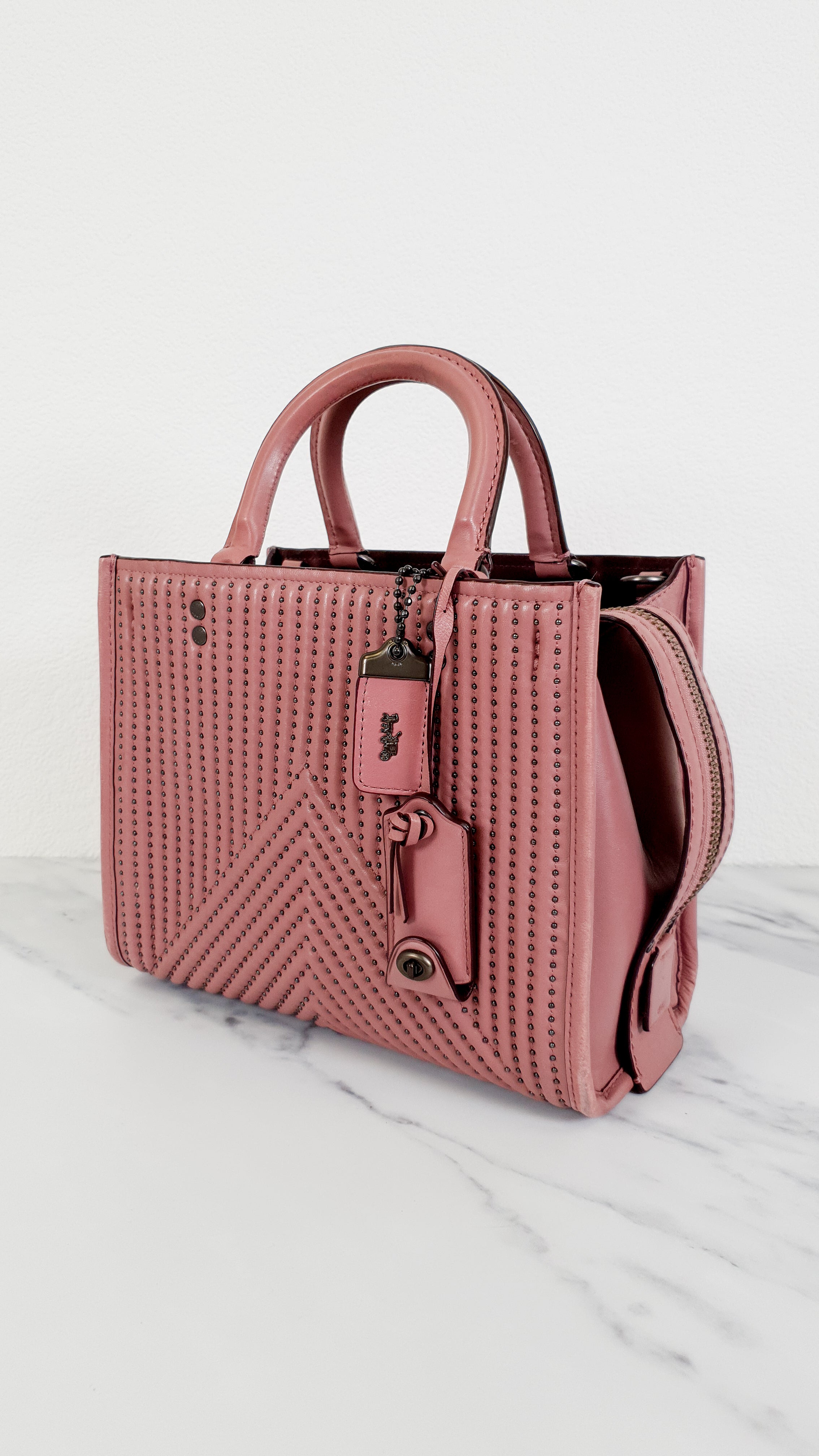 Coach 1941 Rogue 25 in Dusty Rose Pink Quilted Studded Chevron