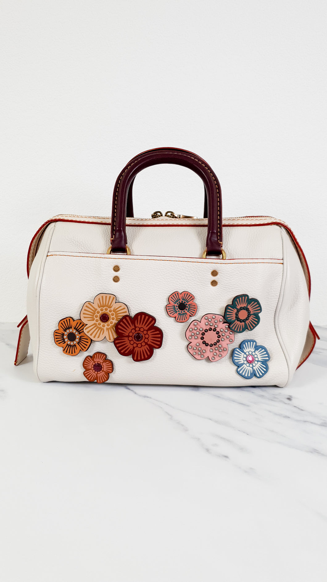 Coach 1941 Rogue Satchel in Chalk with Honey Suede and Customized Tea Roses - Barrel Bag Coach 86857